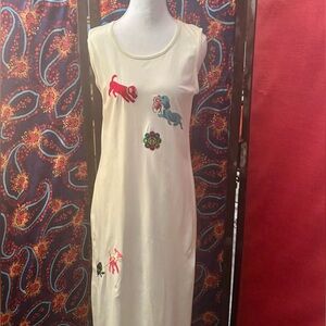 White Sleeveless Casual Maxi Dress by Michael Simon with eclectic Dog appliqués